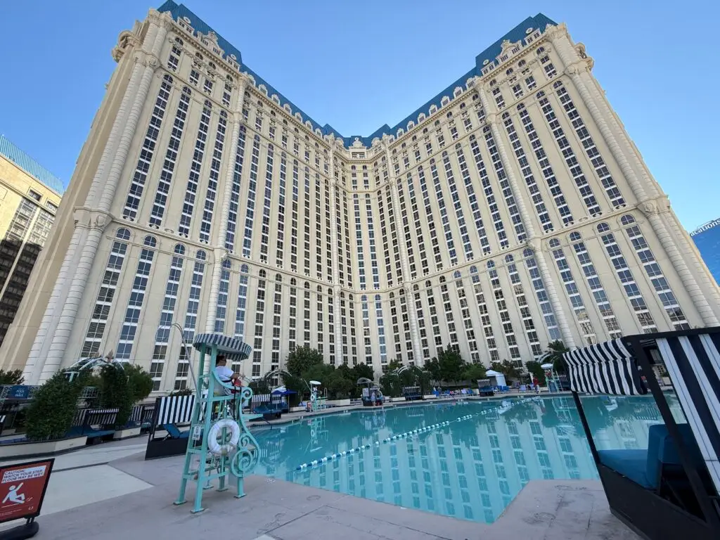 The pool at Paris with the hotel tower in the background. 