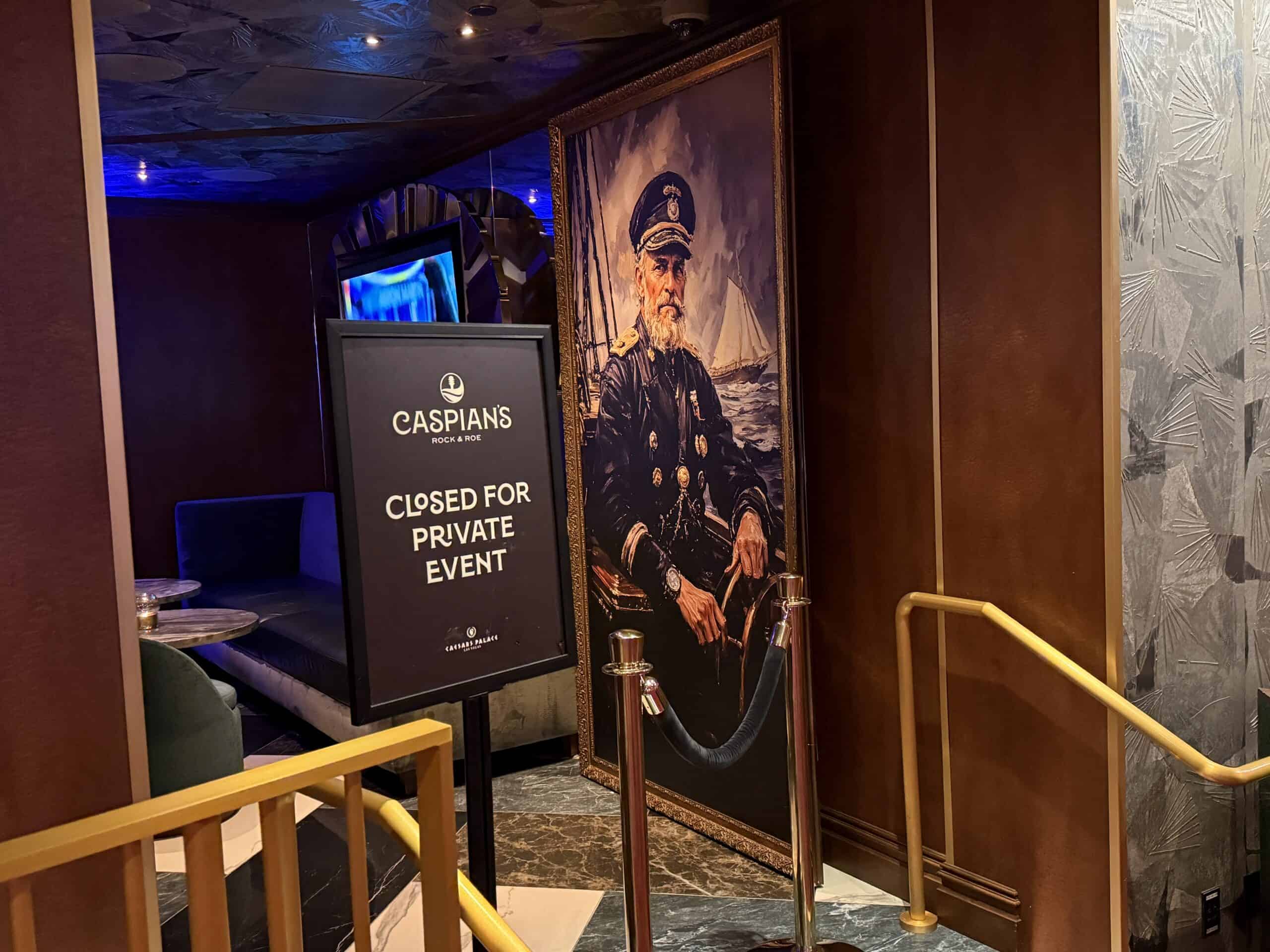 A large, door sized painting of a ship captain, which serves as the speakeasy's door.