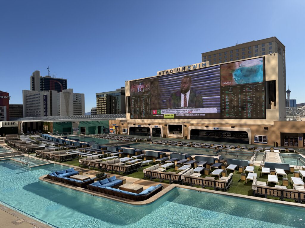 Stadium Swim, with downtown hotel towers in the background.