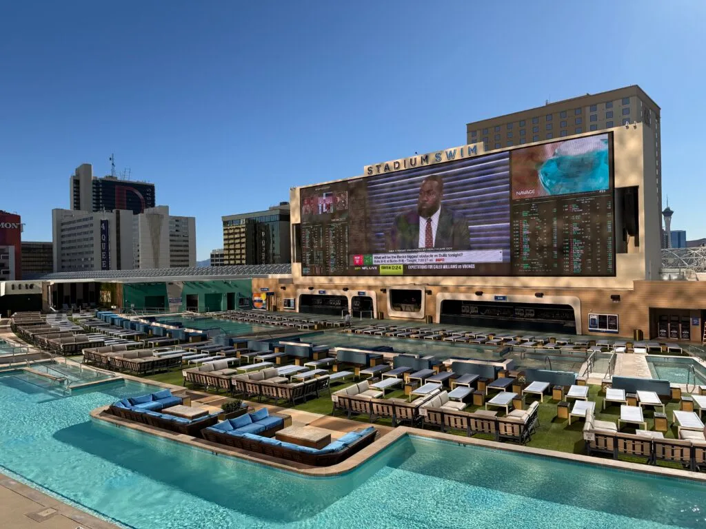 Stadium Swim, with downtown hotel towers in the background.
