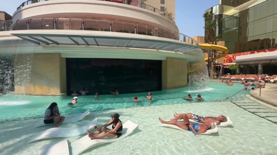 Golden Nugget's pool, with a shark tank in the middle of it.
