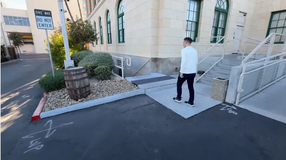 A barrel on the back corner of the Mob Museum that marks the entrance. 