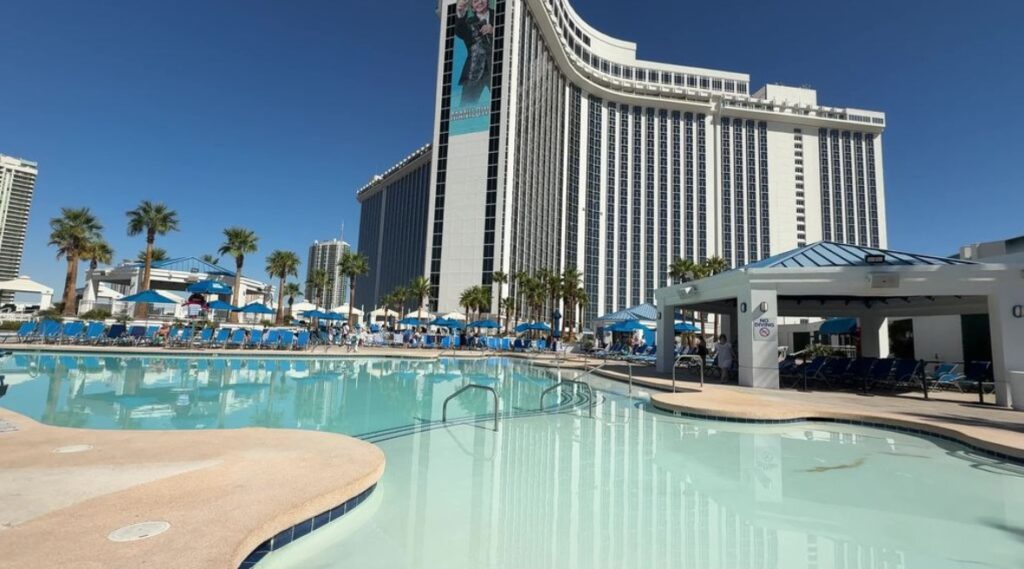 The pool at Westgate, with the hotel tower in the background.