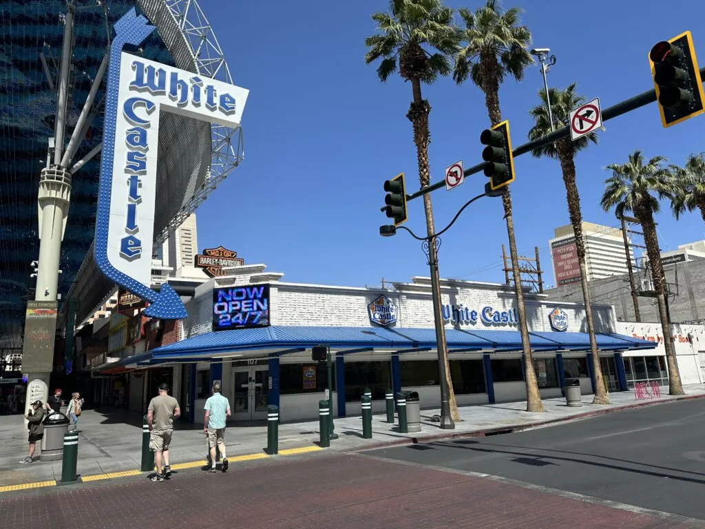 Exterior of White Castle on Fremont Street. The Fremont Street Experience canopy is visible above the restaurant to the left. 