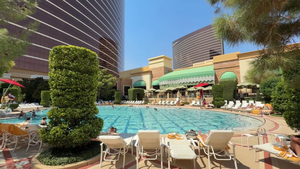 The pool at Wynn, with both hotel towers visible in the background.