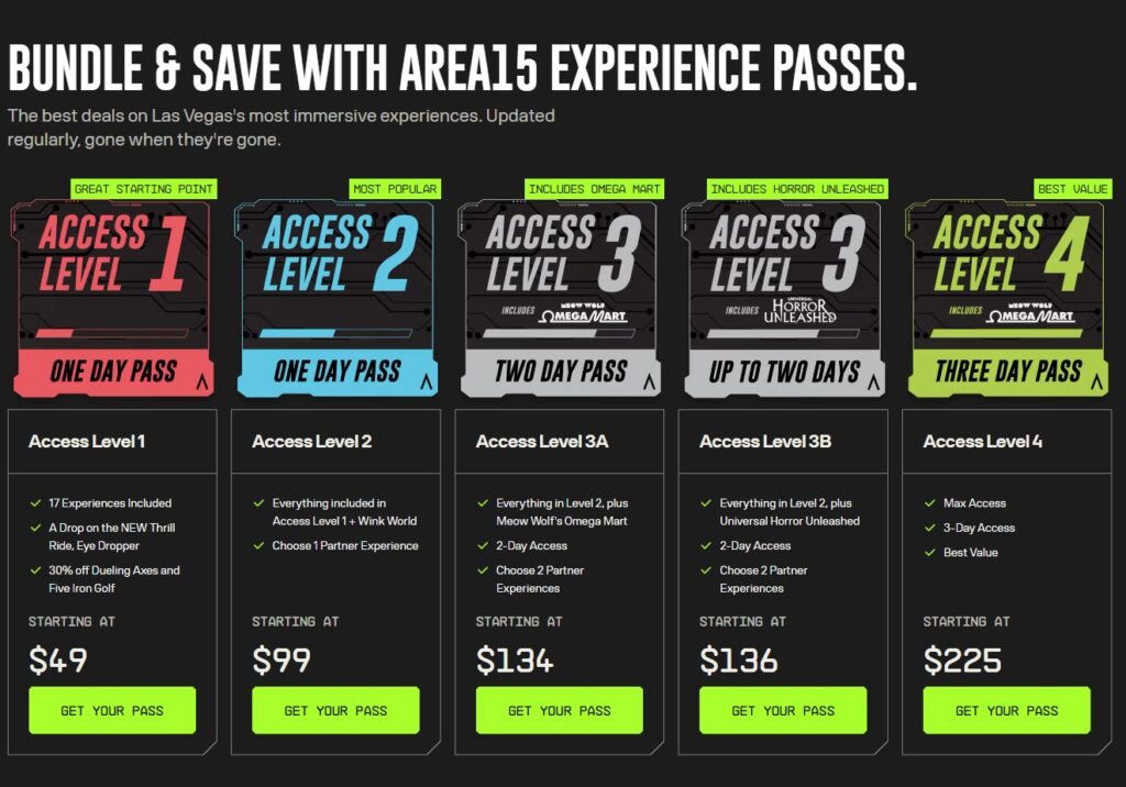 Screenshot of Experience Packages from the Area15 website.