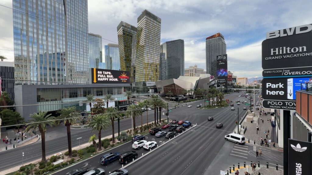 The view of the Las Vegas Strip looking north, with Waldorf Astoria and the Veer Towers closest.