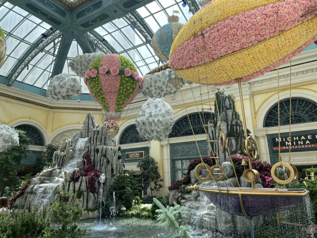 A hot air balloon and blimp made of flowers in Bellagio's Conservatory