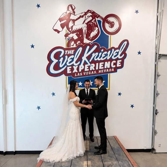A couple getting married at the Evel Experience. 