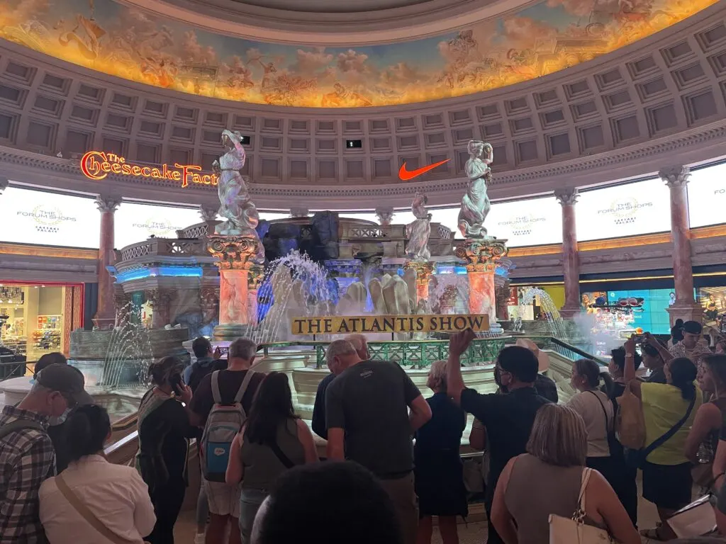 A crowd gathers for the Fall of Atlantis show, which has yet to start.