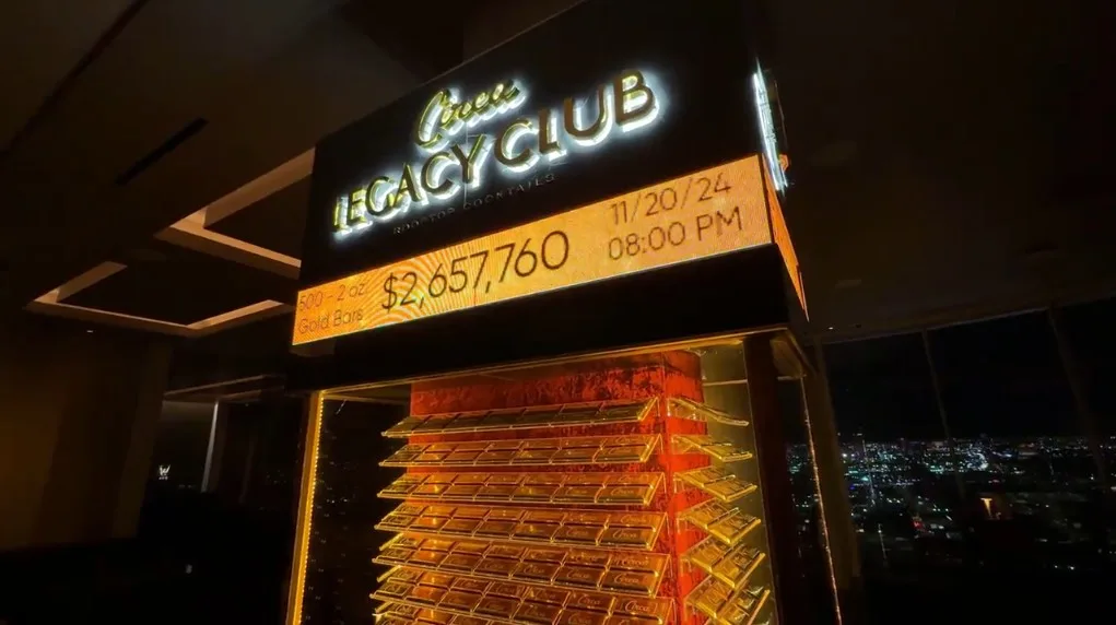 A case of illuminated gold bars with it's current value on an LED screen above it.