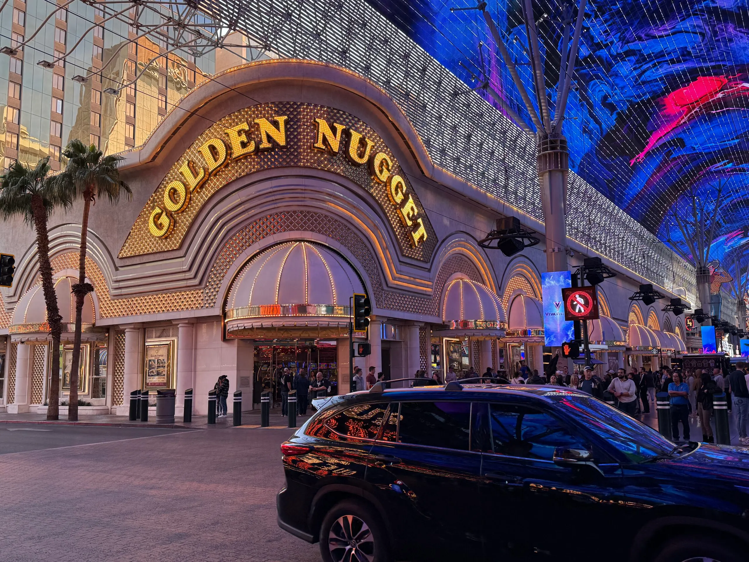 Exterior of Golden Nugget at dusk.