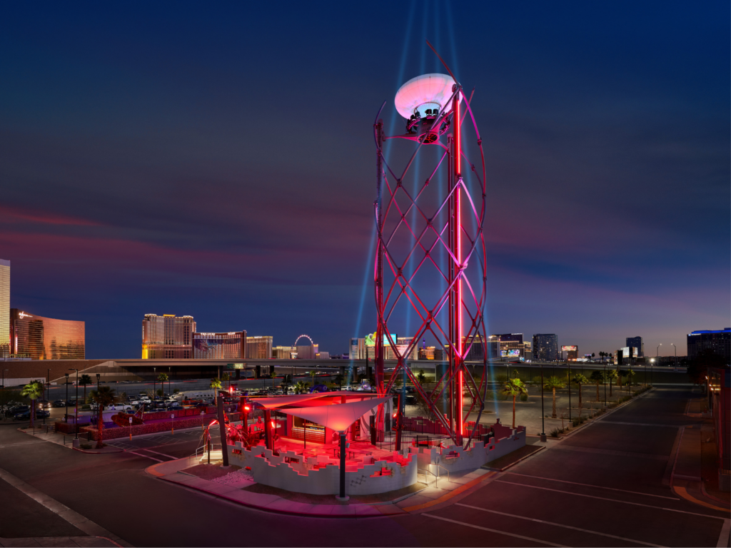 LIftoff tower at night. 