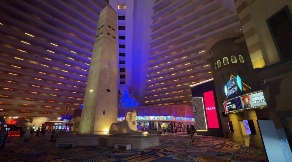 An obelisk and sphinx in Luxor's Atrium.