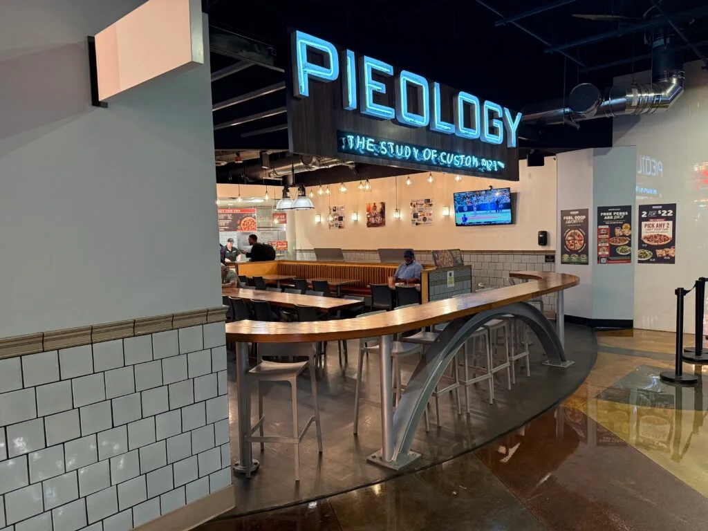 Exterior of Piology, with plenty of open seating. 