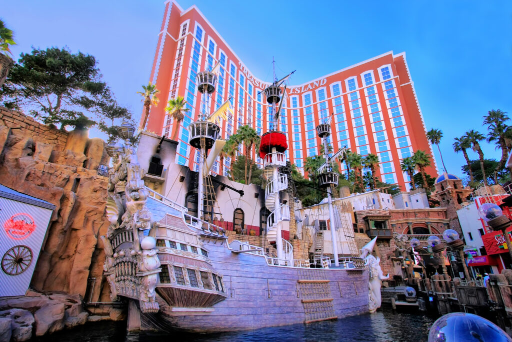 Pirate ship with TI's hotel tower in the background