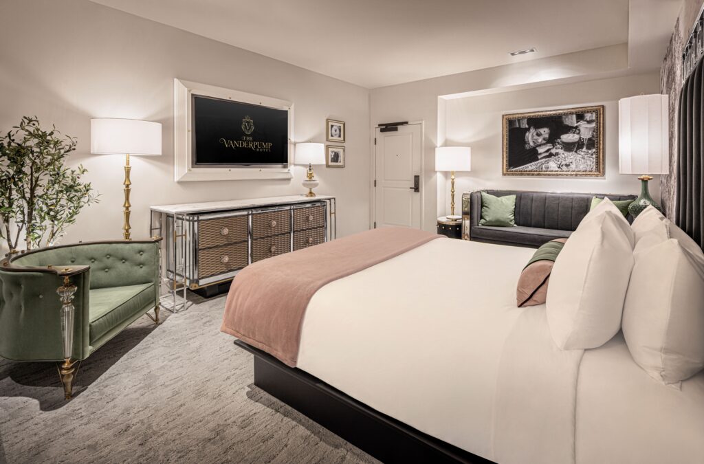 An angle of the room which shows the bed pointed at the TV. 