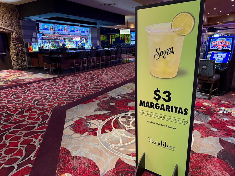 Sign advertising $3 margaritas at Excalibur Las Vegas. 