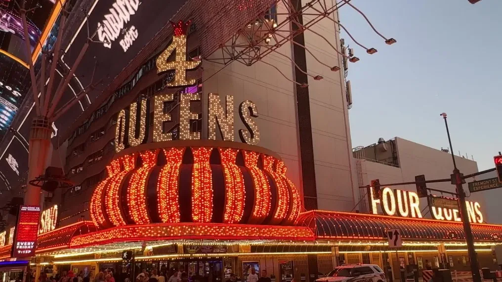 Exterior of 4 Queens at dusk. 