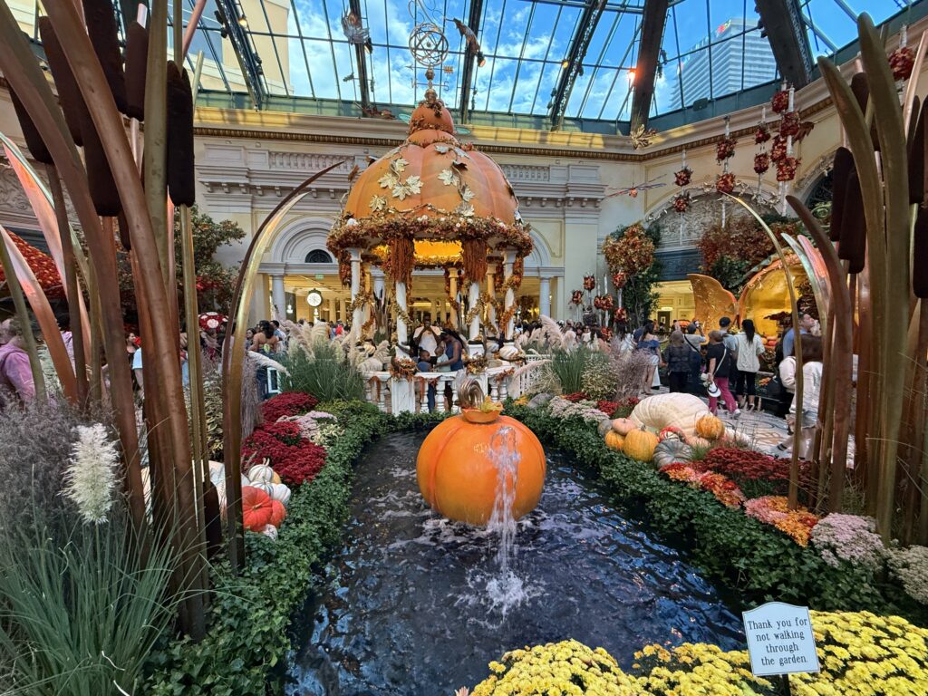 Bellagio's Fall display that features pumpkins, owls, and a lot of brown and orange. 
