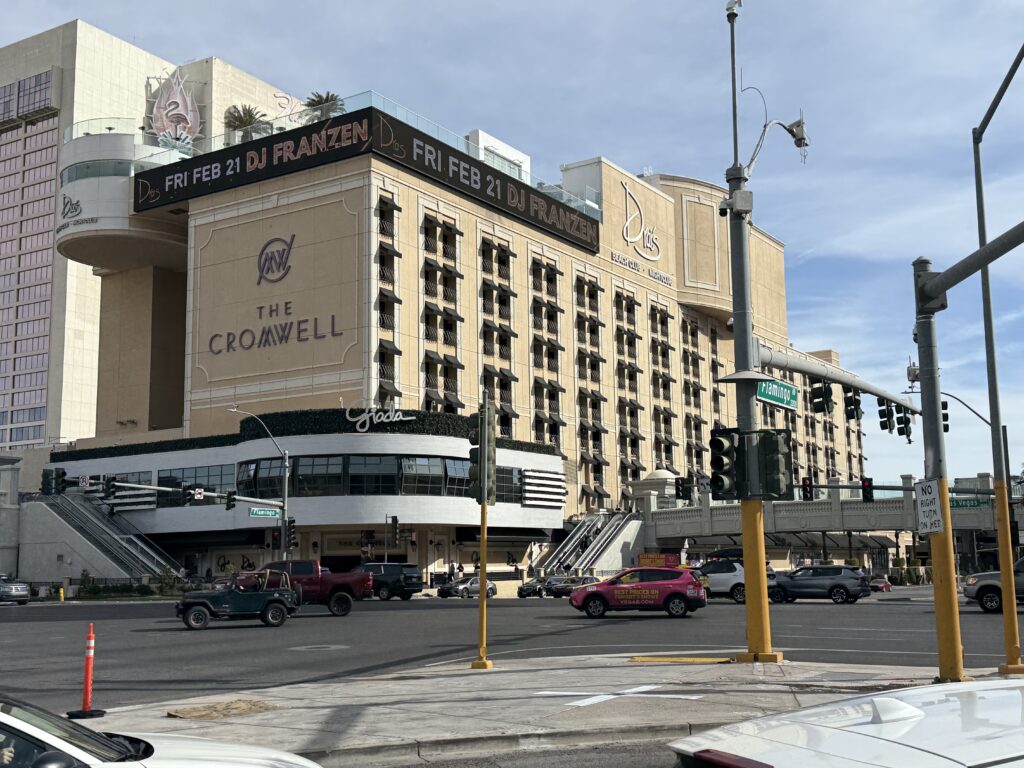 Exterior of Cromwell during the day with Las Vegas Blvd. in the foreground. 