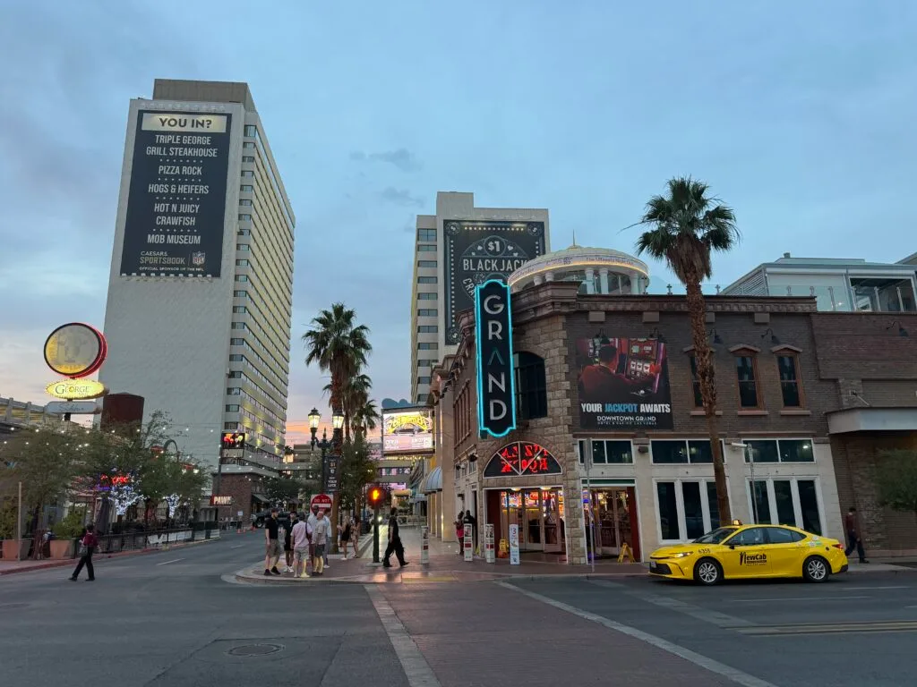 Exterior of Downtown Grand at Dusk. 
