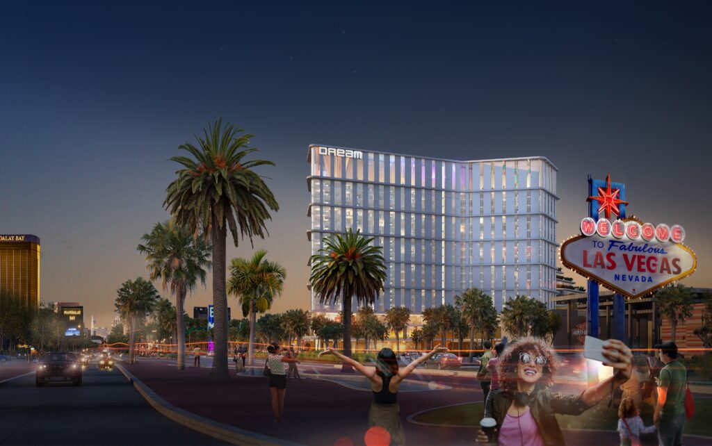 Exterior rendering of Dream Las Vegas with the Welcome to Las Vegas sign in the foreground