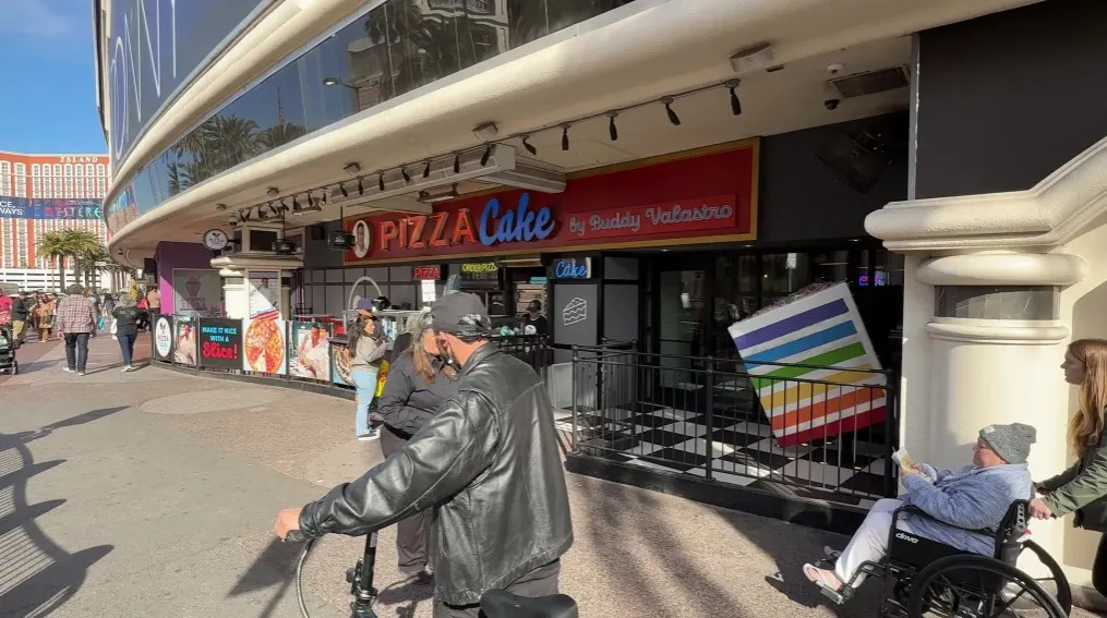 Exterior of Pizza Cake at Harrah's from the Strip.