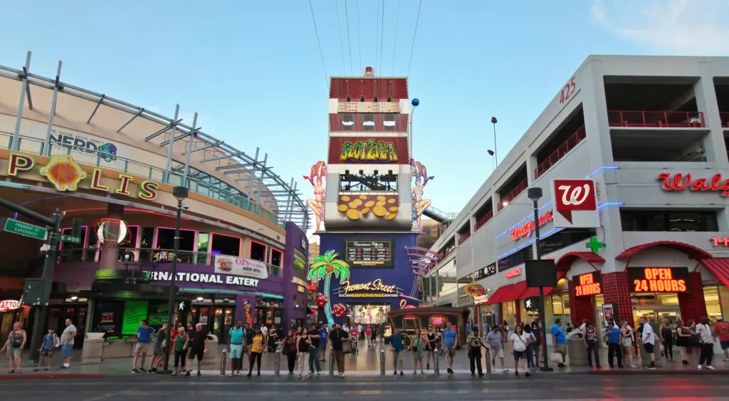 Slotzilla Zipline tower flanked by Walgreens and Neonopolis