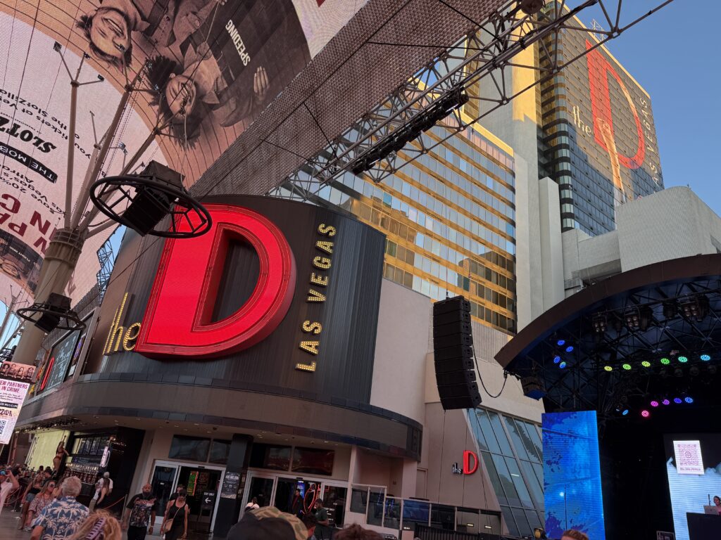 Exterior of the D, and the hotel tower in the background. 