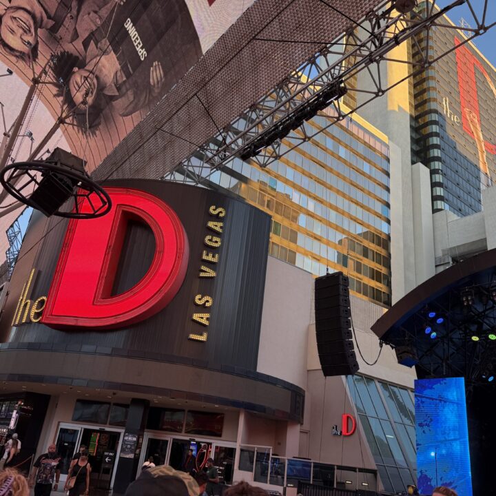 Exterior of the D, and the hotel tower in the background.