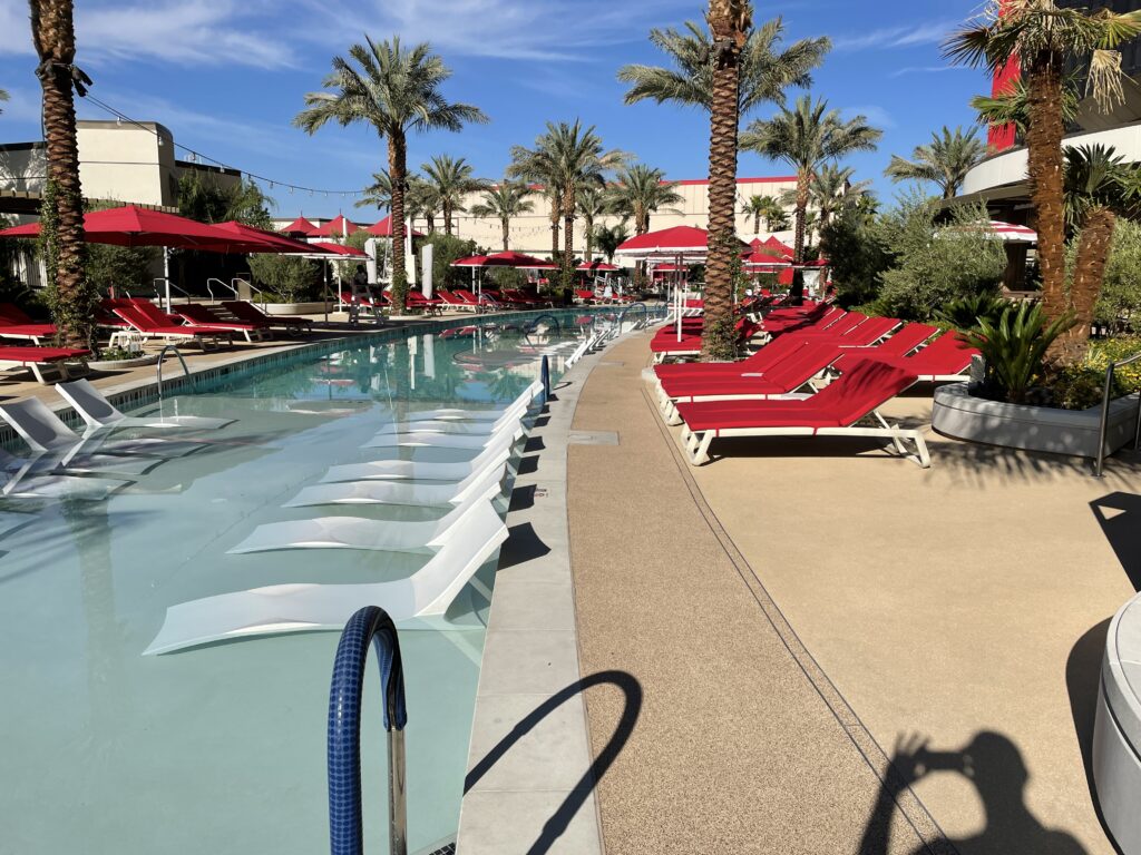 Pool with submerged loungers at Resorts World