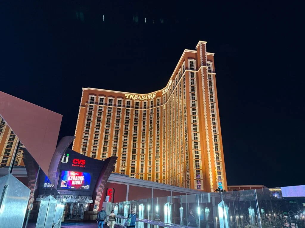TI Las Vegas exterior, illuminated at night.
