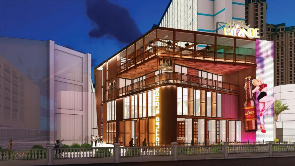 A rendering of the new Bottled Blonde venue in front of Horseshoe's hotel tower.