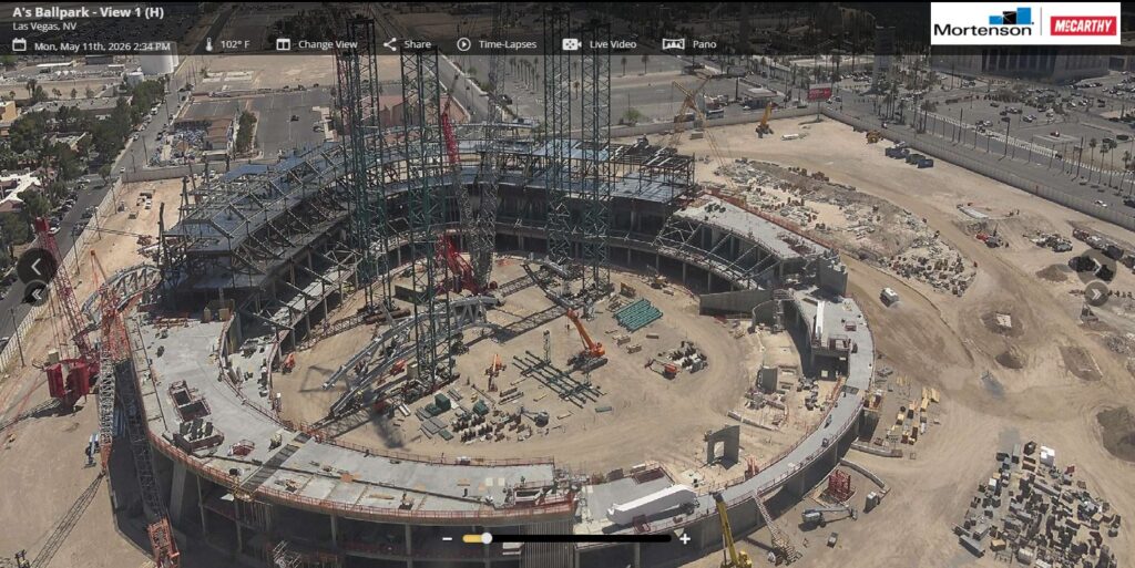 Image from above of the A's stadium, which is under construction, but is clearly forming the shape of a ballpark at this point.