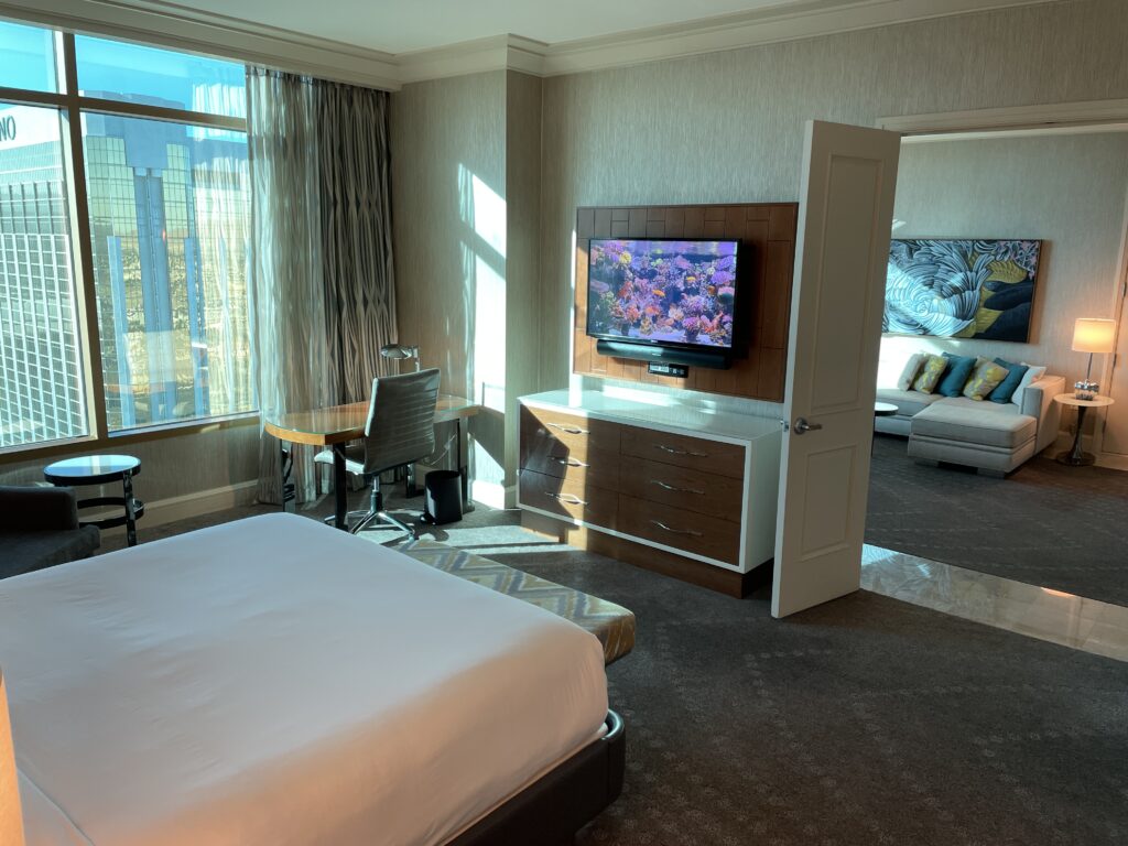 TV and workdesk in the master bedroom