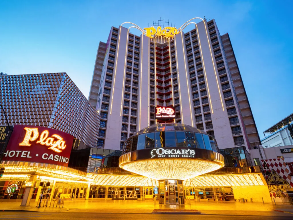 Plaza Las Vegas exterior llluminated at dusk