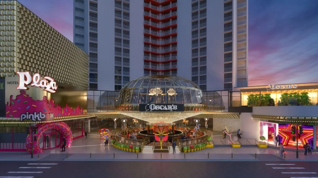 A rendering of Plaza's exterior with a pinkbox doughnuts, carousel bar, and expanded seating at Oscar's