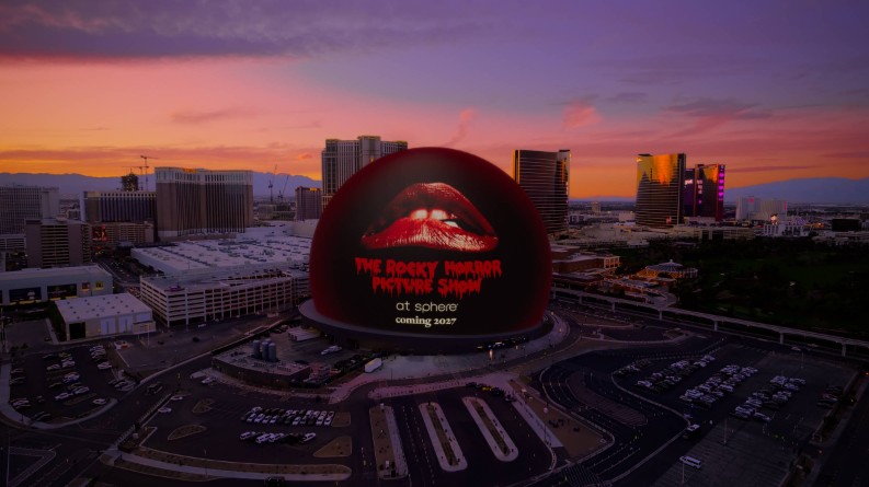 The Sphere with an ad for The Rocky Horror Picture show displayed on it's exterior screen.