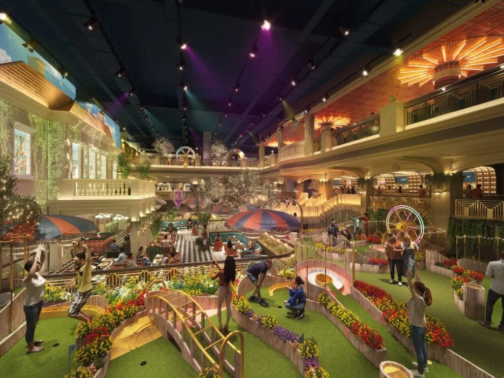 A rendering that shows a mini golf course indoors at Mandalay Bay, which also offers a bar/restaurant.