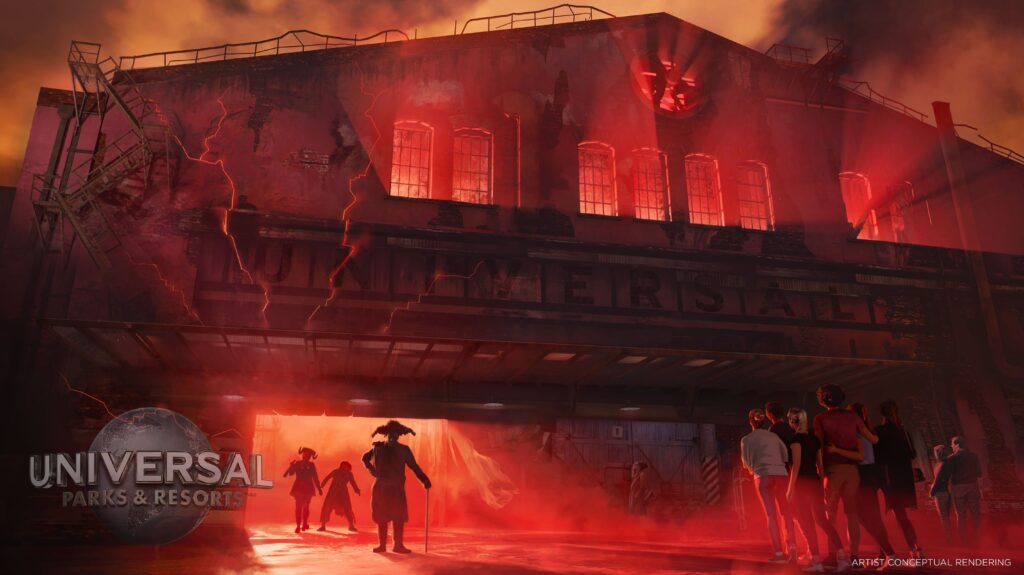 A rendering of a haunted house with red light seeping out the windows and doors. A group of tourists walks in and is about to be greeted by spooky figures in costume. 