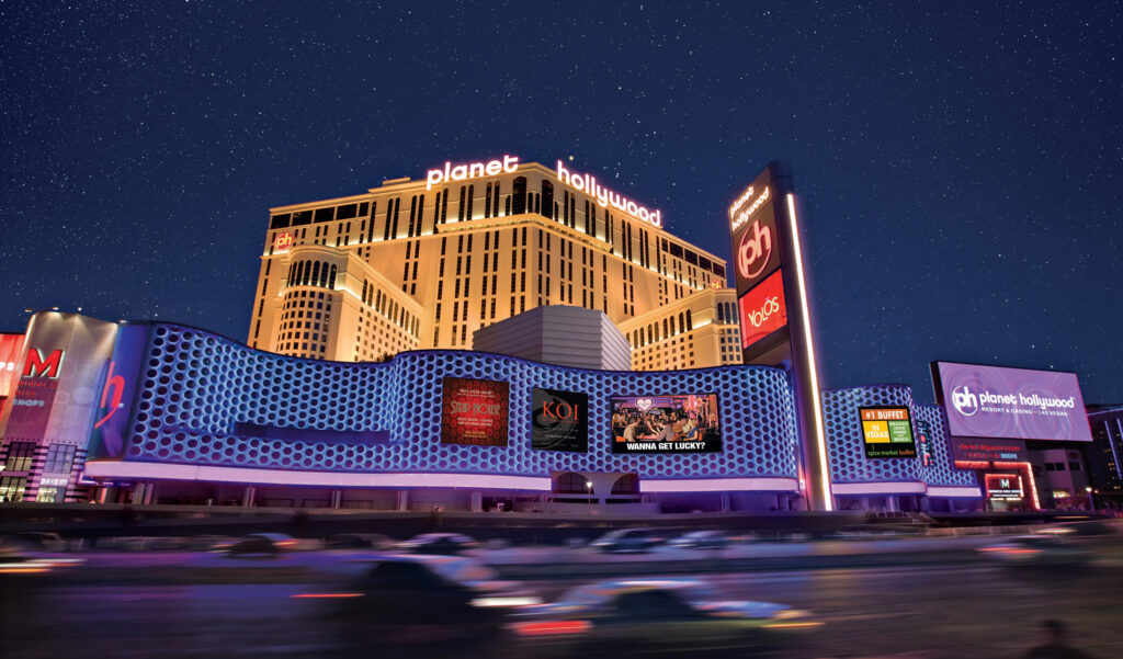 Planet Hollywood exterior illuminated  at night