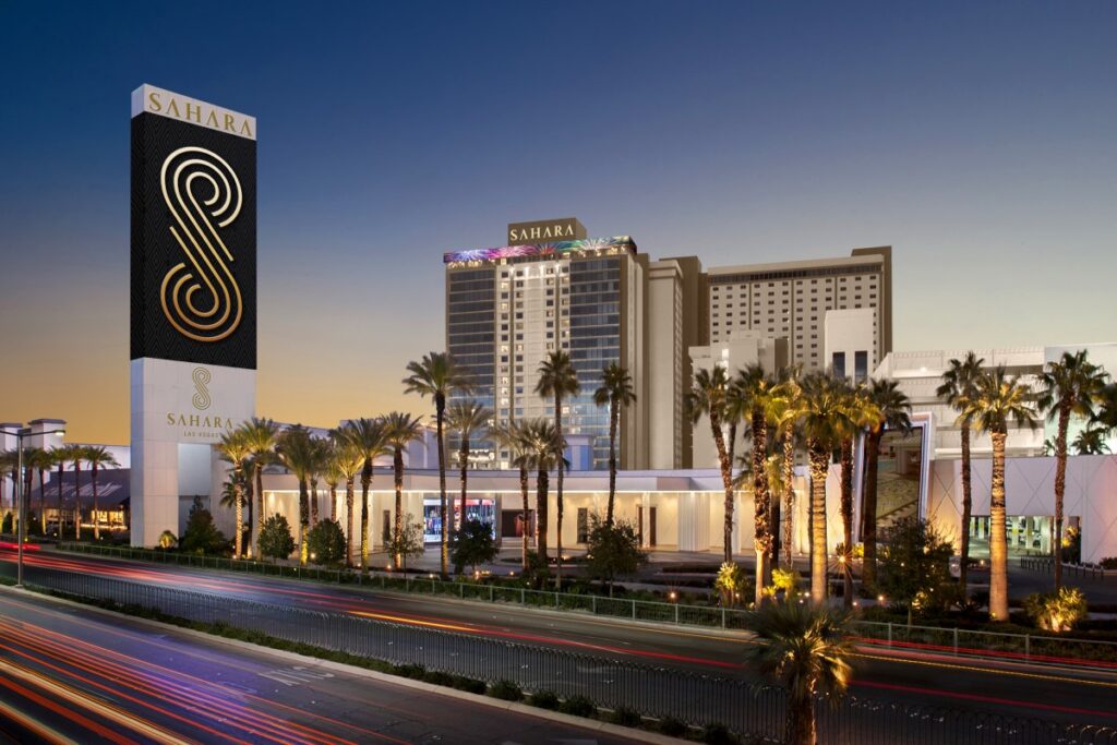 Sahara Las Vegas exterior at dusk