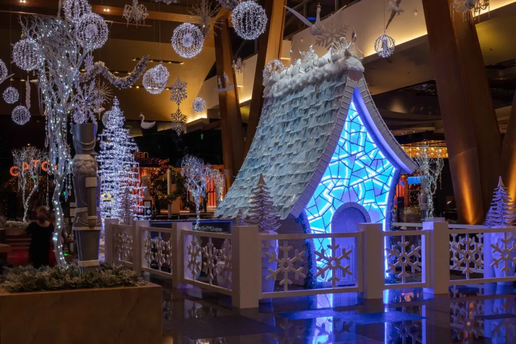 Aria's winter display featuring a house made out of sugar