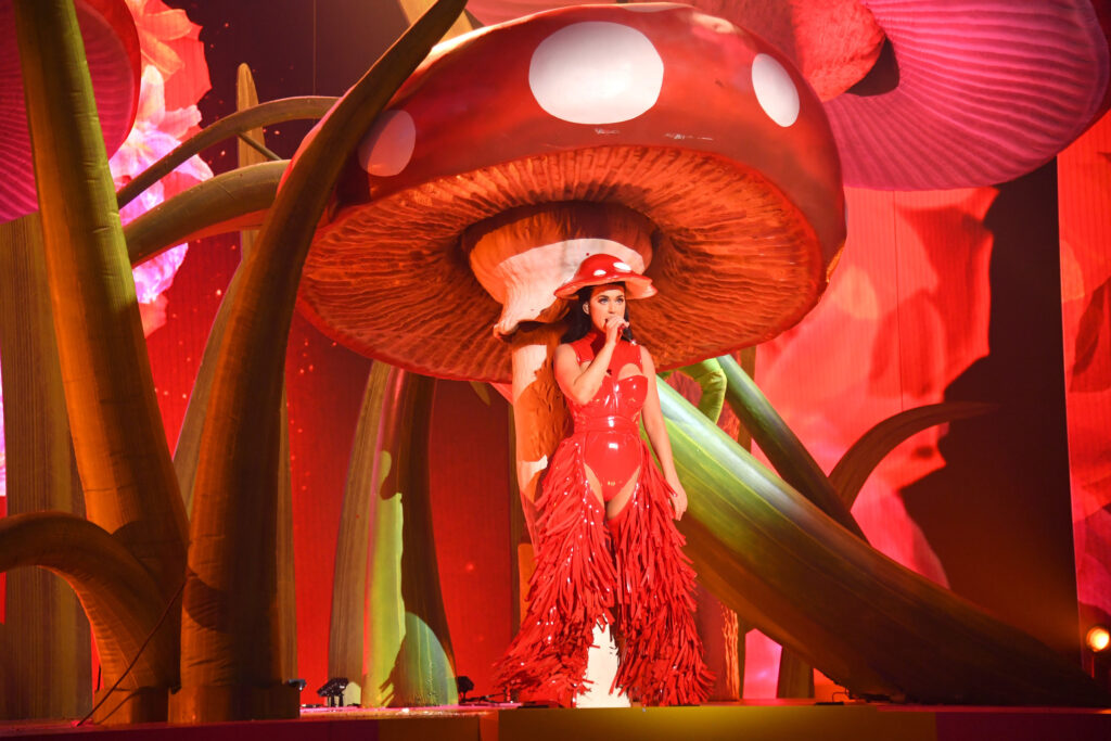 Katy Perry performs in front of a picture of a giant red and white mushroom. 