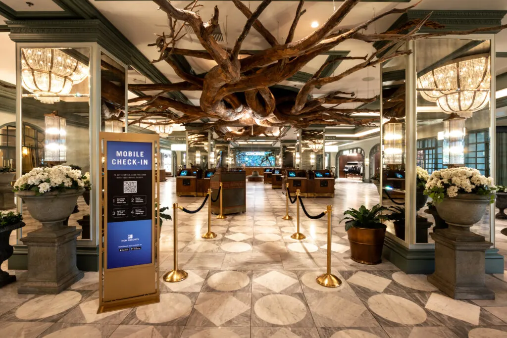 Hotel Lobby at Park MGM with tree branches as decor on the ceiling