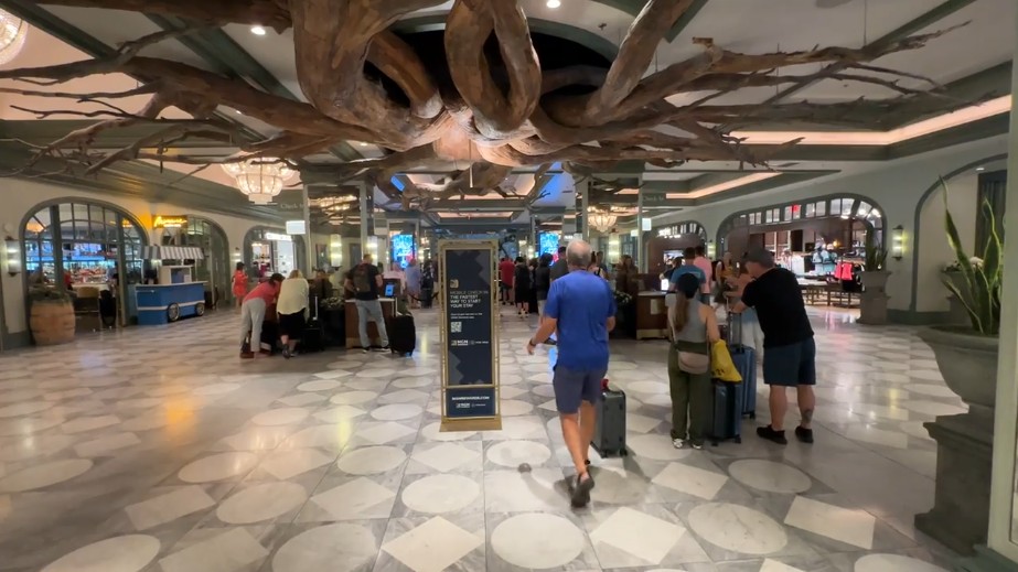 The hotel lobby, with branches growing out of the ceiling.