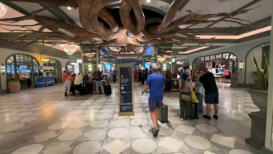 The hotel lobby, with branches growing out of the ceiling. 