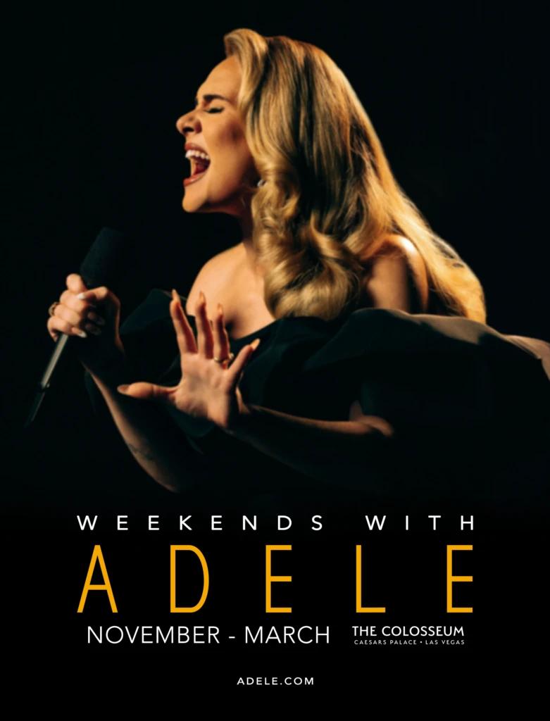 Marketing image depicting Adele sigining and her tour dates of November - March