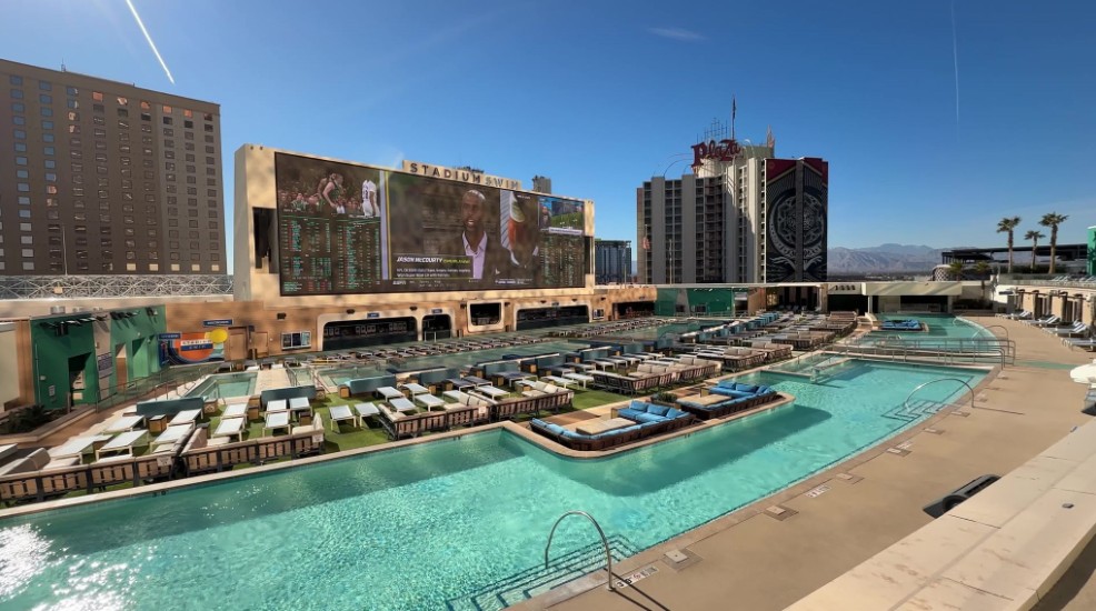 Circa's Stadium Swim pool deck, with Plaza's hotel tower in the background. 